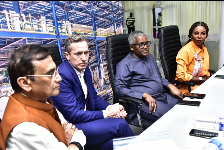 L R: President and Chief Executive, Dangote Industries Ltd, Aliko Dangote; Managing Director and Chief Executive Officer, South South Development Commission, Usoro Akpabio, during the visit of SSDC members to the Dangote Petroleum Refinery and Fertiliser Plant in Lagos on Sunday, November 30, 2025.