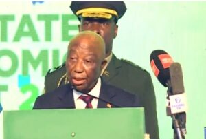 President Boakai delivering his speech at the summit in Owerri, the capital of Imo State, Nigeria. Photo credit: Channels TV, Nigeria