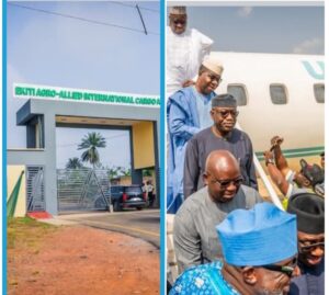 The gate of Ekiti Agro-Allied International Airport, left; Opeyemi Bamidele, Forner Governors Kayode Fayemi, Ayo Fayose and others disembarking from the plane