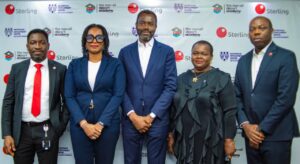 L-R: Kola Oluyemi, Group Head, Sterling Academy; Dr. Nneka Okekearu, Director, Enterprise Development Centre (EDC), Pan Atlantic University (PAU); Abubakar Suleiman, MD/CEO, Sterling Bank; Dr. Nnenna Ugwu, Head, Alumni Engagement and Support Services, EDC at PAU; and Akporee Idenedo, Divisional Head, Commercial Banking, Sterling Bank at the recent MoU signing to certify graduates of Sterling Bank’s Non-Oil Export Academy.