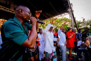 Music Artiste, Segun Johnson; Governor of Lagos State, Mr. Babajide Sanwo-Olu; Commissioner for Agriculture and Food Systems, Ms. Abisola Olusanya; Chef Dee and Chef Tolani during the Lagos Food Festival held at Muri Okunola Park, Victoria Island, on Sunday, 14 December 2025.