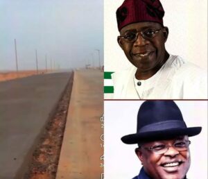 President Bola Tinubu, top left, Dave Umahi, bottom right. Sokoto–Badagry Superhighway, left (Photo credit: My Impact Blog)