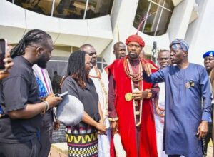 Governor Babajide Sanwo-Olu, Olu of Warri Kingdom in Delta State, His Majesty Ogiame Atuwatse III, who led some of his chiefs at the event