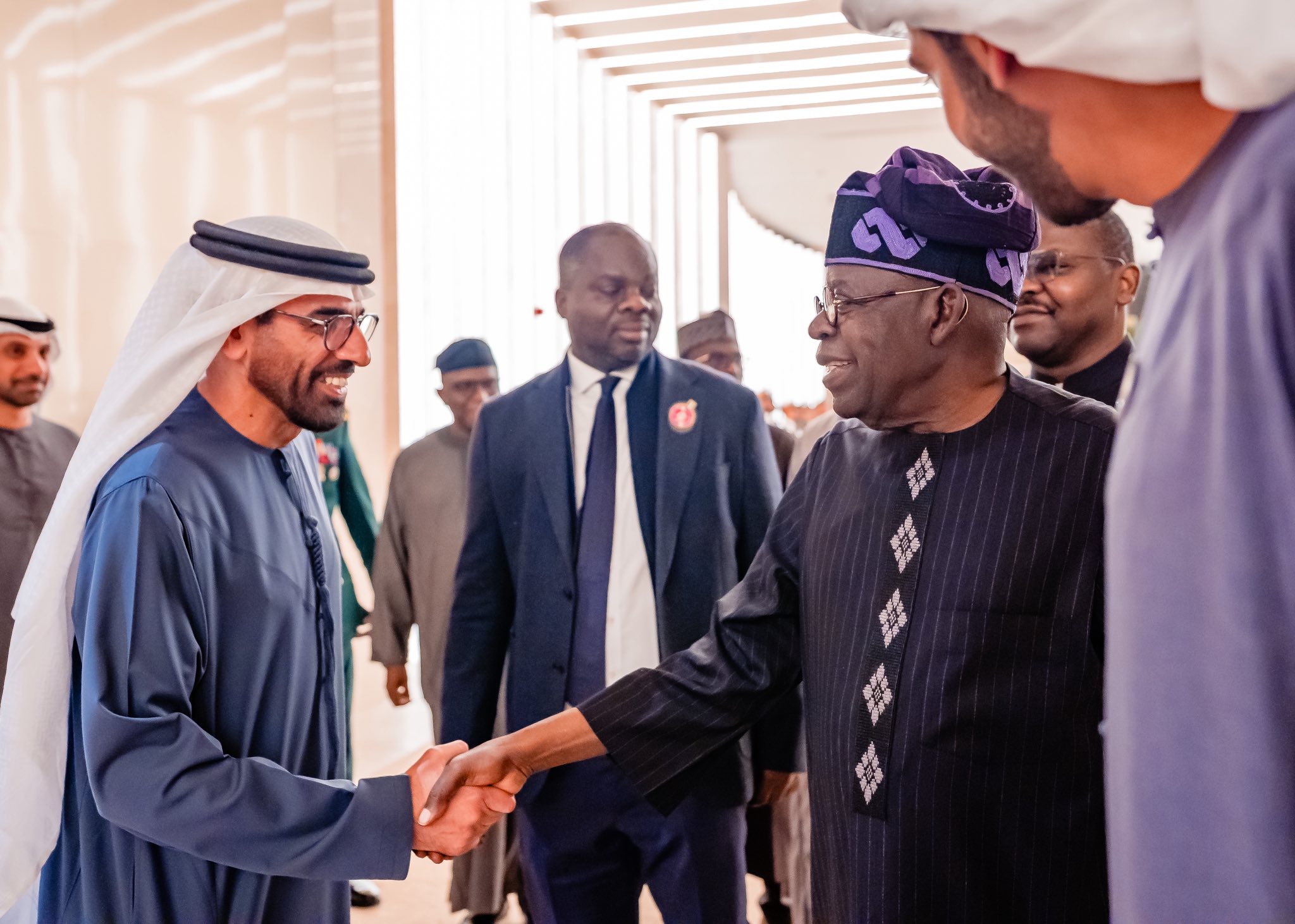 President Tinubu Arrives Abu Dhabi, Received by Sheikh Al Nahyan, UAE Minister of State for Foreign Affairs, Others