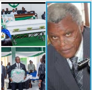 Dr Bu Buakie Jabbie, right, his casket and President Bio paying his condolences