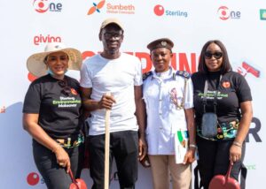 L-R: Jacqueline Ekpang, Zonal Head, Retail Sterling Bank Abuja; Tunde Akande, Business Executive, Institutional Banking, Sterling Bank Abuja; Omenta Rachael Chineye, Head of Community Sanitation and Education, Environmental Health and Safety Department, Environmental Protection Board Abuja; and Tochukwu Olife, Business Executive, Commercial Banking, Sterling Bank Abuja, at the nationwide Sterling Environmental Makeover(STEM) held in Abuja recently.
