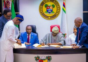 Governor of Lagos State, Mr. Babajide Sanwo-Olu signing the Y2026 Appropriation bill into law at the Conference room of Lagos House, Alausa, Ikeja, on Monday, 19 January 2026. With him from left: Chairman, House Committee on Appropriation, Hon. Saad Olumoh; Commissioner for Economic Planning & Budget, Mr. Ope George; Deputy Governor, Dr. Obafemi Hamzat; Majority Leader of the Lagos State House of Assembly, Hon. Noheem Adams and Attorney General/Commissioner for Justice, Mr. Lawal Pedro (SAN).