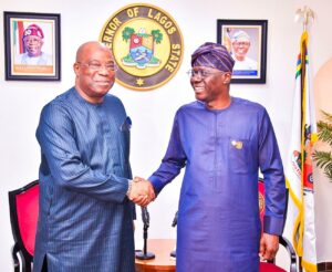 New Board Chairman, Lagos State Sports Trust Fund, Mr Enitan Oshodi and Governor of Lagos State, Mr. Babajide Sanwo-Olu during the inauguration of new board for the Sports Trust Fund, at the Lagos House, Marina, on Wednesday, February 18, 2026.