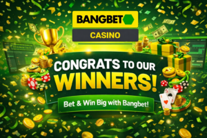 Bangbet Casino winners celebration with trophies, coins, and gifts