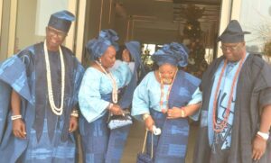 From left, Asiwaju Olumide Olusina and his wife, Desire, Senator Babafemi Ojudu, right, and his wife, Omotola