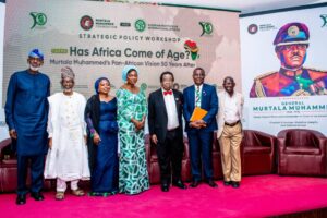 L-R: Mr. Gbenga Oyebode (MFR), Chairman of the Board of Directors, Lafarge Africa Plc; Professor Akin Oyebode, Pro-Chancellor and Chairman of the Governing Council at Ekiti State University (EKSU); Fatima Murtala Muhammed, daugther of the late Gen. Murtala Muhammed; Dr. Aisha Muhammed-Oyebode, CEO, Murtala Muhammed Foundation (MMF); Professor Bolaji Akinyemi, Professor of Political Science and former Nigerian Minister of External Affairs; Professor Prof. Eghosa Osaghae, Director-General, Nigerian Institute of International Affairs (NIIA); and Professor Liasu Adele Jinadu, Adjunct Professor, Department of Political Science, University of Lagos, during MMF's Strategic Policy Workshop organised in partnership with the NIIA, in commemoration of the 50th anniversary of the death of the Gen. Murtala Muhammed