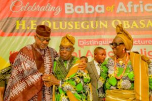 L-R: Ogun State Governor, Prince Dapo Abiodun; former President Olusegun Obasanjo; and his wife, Bola Obasanjo, during the 89th birthday anniversary and lecture themed “The Global Africa Enlightenment: From Chains to Renaissance” held at the Olusegun Obasanjo Presidential Library in Abeokuta on Thursday.