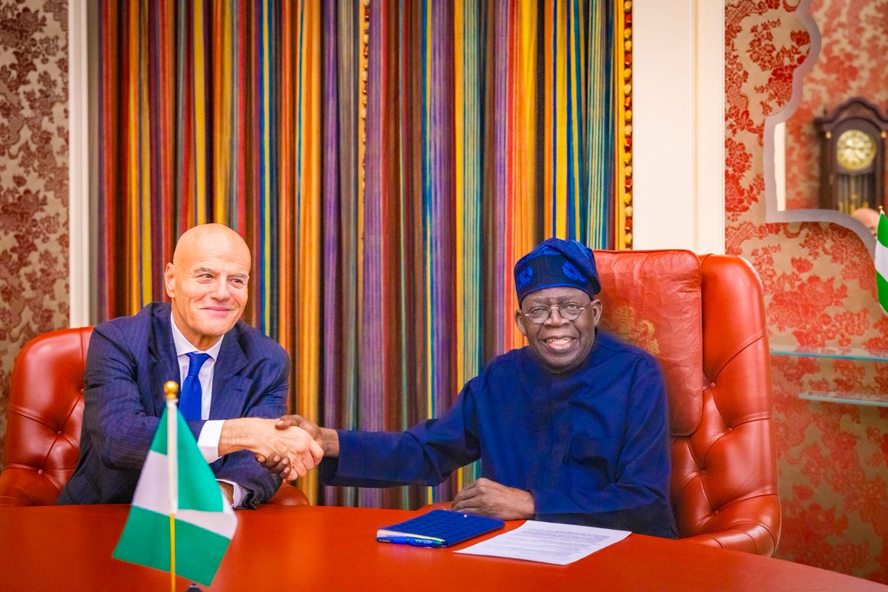 Chief Executive Officer Eni, Claudio Descalzi and President Bola Tinubu during a meeting with the President on final resolution of OPL 245