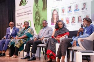 From left, Sam Omatseye, Bisi Anyadike, Ogaga Ifowodo, Professor Gopal, and Professor Jeyifo