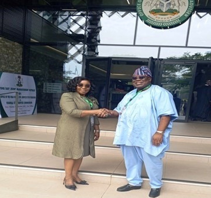 File photo: Hon. Chairman, Federal Civil Service Commission (FCSC), Prof. Tunji Olaopa (right) with the Head of the Civil Service of the Federation (HCSF), Mrs. Didi Esther Walson-Jack