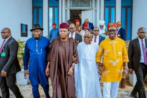 L-R, Former President Jonathan, VP Shettima, former President Olusegun Obasanjo, and Governor Soludo