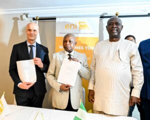 L-R Chief Executive Eni, Claudio Descalzi, Attorney-General of the Federation and Minister of Justice, Lateef Fagbemi and Minister of State for Petroleum, Heineken Lokpobiri during the signing of agreement on the resolution of the dispute over OPL 245 in Abuja