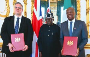 President Bola Tinubu witnessed the signing of £746 million financing agreement between Nigeria’s Ministry of Finance, led by Wale Edun and Parliamentary Under-Secretary of State and UK Minister of Small Business and Economic Transformation, Blair McDougall and Citi Bank to modernise Apapa and Tin Can Island ports in Lagos at Lancaster building, London on Thursday