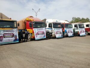 Trailers of the bags of rice donated by Aliko Dangote Foundation and distributed to the needy in Kano during the Ramadan season by Kano state government