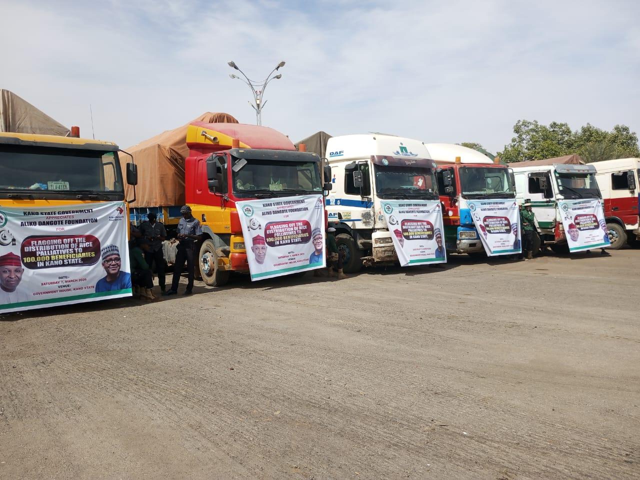 Trailers of the bags of rice donated by Aliko Dangote Foundation and distributed to the needy in Kano during the Ramadan season by Kano state government