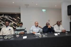 L-R Senior Special Assistant to the President on Digital Media, Otega Ogra, Minister of Solid Minerals, Dele Alake, Minister of Information and National Orientation, Mohammed Idris, Special Adviser to the President on Information and Strategy, Bayo Onanuga and Special Adviser to the President on Media and Public Communication, Sunday Dare during an interactive session with Nigerian Media practitioners in UK at Hilton Kensington Hotel, London ahead of President Bola Tinubu's State Visit