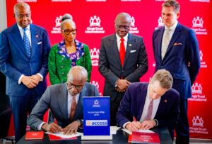 L-R: (Sitting) Roosevelt Ogbonna, Managing Director/CEO, Access Bank Plc, and Will Straw, CBE, CEO, King’s Trust International. (Standing) Aigboje Aig-Imoukhuede, Co-Chair, King’s Trust International Africa Advisory Board and Chairman, Access Holdings Plc; Ofovwe Aig-Imoukhuede, Co-Chair, King’s Trust International Africa Advisory Board; Lagos State Governor, Babajide Sanwo-Olu, and Tom Hartley, Assistant Private Secretary to HM The King, during the signing of partnership agreement between Access Bank and King’s Trust International in London, UK…yesterday