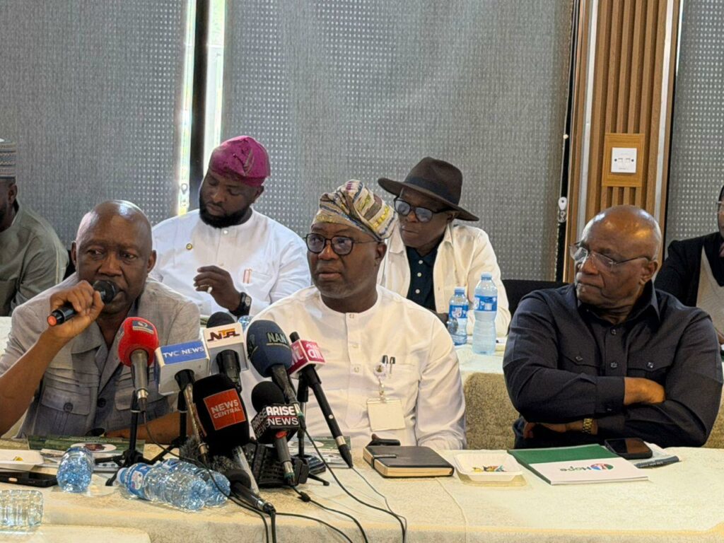 L-R Engr. Finbarr Zirra, Director of Rail Development, Federal Ministry of Transportation, Mr Tunde Rahman, Senior Special Assistant to the President on Media and Special Duties and Director of Communications Renewed Hope Ambassadors, Mr Bayo Onanuga, Special Adviser to the President on Information and Strategy, at the press briefing on the North-West Media Tour of Federal Government Projects in Abuja on Monday, April 27, 2026