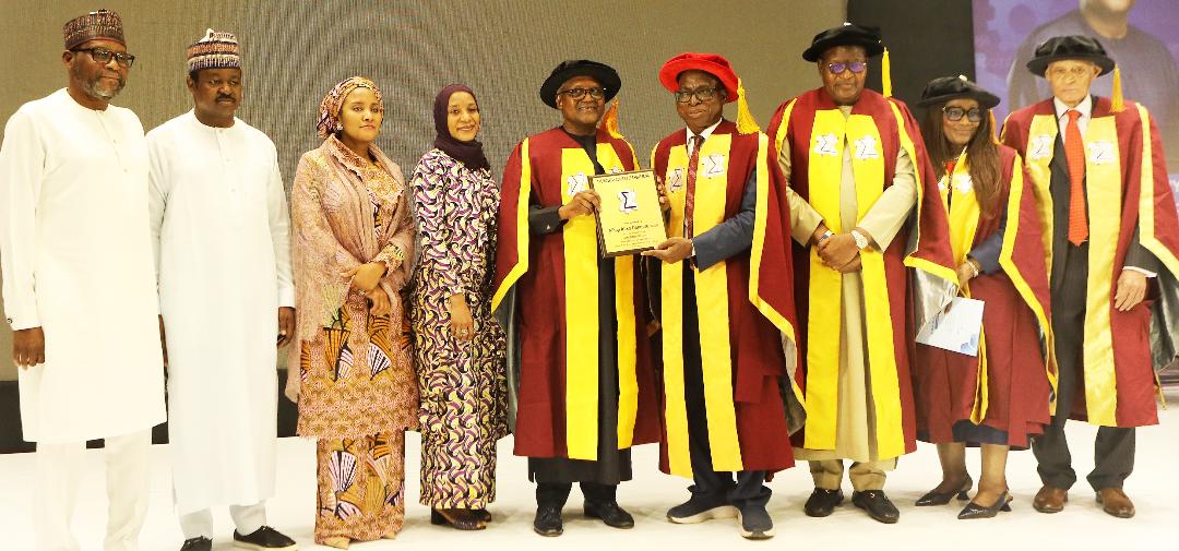 L-R: GED Logistics & Distributions, Dangote Industries Limited, Abdu Dantata; Alhassan Dantata; GED Oil & Gas, Dangote Industries Limited, Fatima Aliko Dangote; GED Operations, Dangote Sugar Refinery Plc, Mariya Aliko Dangote; President/CE, Dangote Industries Limited, Aliko Dangote; President, The Nigerian Academy of Engineering, Engr. Prof, Rahamon Bello; Vice President, The Nigerian Academy of Engineering, Engr. Prof. Umar Garba Danbatta; Honorary Secretary, The Nigerian Academy of Engineering, Engr. (Mrs) C. O. Adelowo; Technical Secretary, The Nigerian Academy of Engineering, Engr. Dr. Funmi Coker at The Nigerian Academy of Engineering Induction of Aliko Dangote as Honorary Fellow in Lagos on Friday, April 24, 2026.