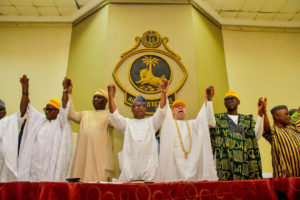 L-R: A leader of the All Progressives Congress in Ogun East; Chief Kola Ogunjobi,former Senator,Ogun East Senatorial District; Senator Lekan Mustapha,Senatorial Chairman,Ogun East Senatorial District; Chief Adeleke Adedoyin, Secretary to the Ogun State Government; Mr Tokunbo Talabi,former Deputy Governor of the state; Senator Gbenga Kaka,a member of the Governor's Advisory Council;Chief Pegba Otemolu during the Ogun East Senatorial District Caucus meeting held at the Adeola Odutola Hall, Ijebu-Ode on Monday.