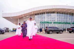 File. Governor Abiodun, former Ogun State Governor, Segun Osoba and others at the Gateway Airport