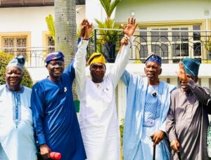 GAC endorses Hamzat, centre, for 2027 Lagos governorship. With him re Governor Sanwo-Olu and Pa Olusi