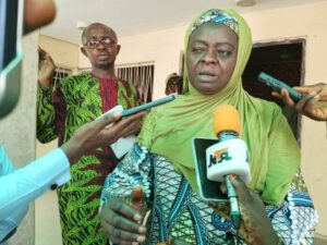 Pharm Maimuna Yakubu Mohammed, KanSLAM co-chairlady speaking with journalists shortly after the event