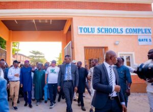 from left: Chairman, Special Committee on Rehabilitation of Public Schools (SCRPS), Mr. Hakeem Smith; Governor of Lagos State, Mr. Babajide Sanwo-Olu; Chairman, Ajeromi Ifelodun Local Government, Hon. Olalekan Olu Akindipe and his predecessor, Hon. Fatai Ayoola during the governor's inspection of newly built Tolu Schools Complex in Ajegunle ahead of the commissioning, on Wednesday, April 1, 2026.