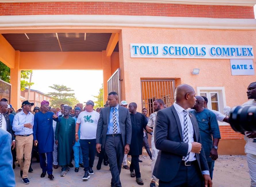 from left: Chairman, Special Committee on Rehabilitation of Public Schools (SCRPS), Mr. Hakeem Smith; Governor of Lagos State, Mr. Babajide Sanwo-Olu; Chairman, Ajeromi Ifelodun Local Government, Hon. Olalekan Olu Akindipe and his predecessor, Hon. Fatai Ayoola during the governor's inspection of newly built Tolu Schools Complex in Ajegunle ahead of the commissioning, on Wednesday, April 1, 2026.