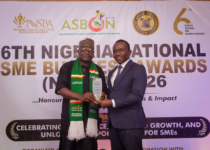 From left: President, Association of Small Business Owners of Nigeria (ASBON), Dr. Femi Egbesola and Head, SME Segment, Union Bank of Nigeria, Mr. Ayokunnumi Abraham during the presentation of the Best Bank for SME Growth Banking Initiative Award, 2025, to Union Bank of Nigeria at the 6th Nigeria National SME Business Awards (NNSBA), held on April 30, 2026, at the Rotary Centre, Ikeja, Lagos