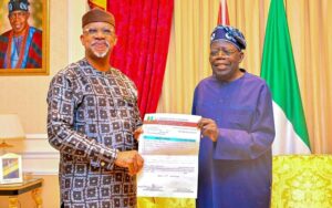 Ogun State Governor, Prince Dapo Abiodun, presenting the official results of the All Progressives Congress (APC) primary election for Ogun East Senatorial District to President Bola Ahmed Tinubu in Abuja