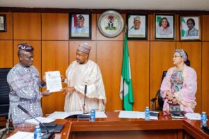 L-R: Minister of State, Ministry of Budget and Economic Planning, Dr Doris Uzoka-Anite; Ambassador-Designate to Germany, Senator Ita Enang; and Minister of Budget and Economic Planning, Senator Abubakar Bagudu, during the ambassador-designate’s courtesy visit to the ministry in Abuja on Friday, 5/05/2026 PHOTO: FMBEP