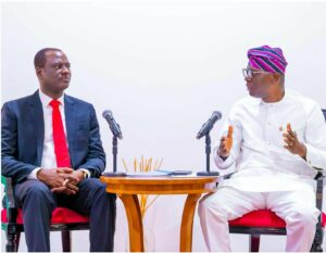Governor Babajide Sanwo-Olu, right, and Mr Taiwo Oyedele