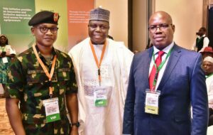 From left: Director-General of the National Youth Service Corps (NYSC), Brig. Gen. Olakunle Nafiu; Director General/CEO of the National Biotechnology Research and Development Agency (NBRDA), Professor Abdullahi Mustapha; and Divisional Head of Agribusiness and Non-Oil Export at First City Monument Bank (FCMB), Mr. Kudzai Gumunyu, at the national launch of the Youth Agribusiness Land Fund (YiALTF) at Abuja Continental Hotel on June 1, 2026.